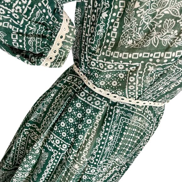 Vintage 70s Susan Small Boho Green Floral Patchwork Print Maxi Prairie Dress - Picture 11 of 15
